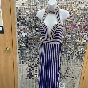 Elegant Striped Blue and Gold Halter Dress